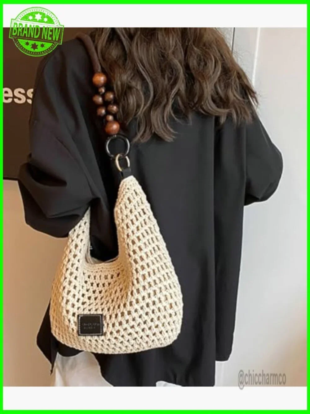 Crochet Cotton Hobo Shoulder Bag, Woven Mesh Beach Purse with Bead Accent